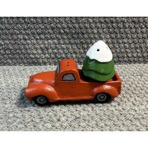 Cast Iron Little Red Truck Hauling A Snow Covered Tree Salt & Pepper Shaker Set
